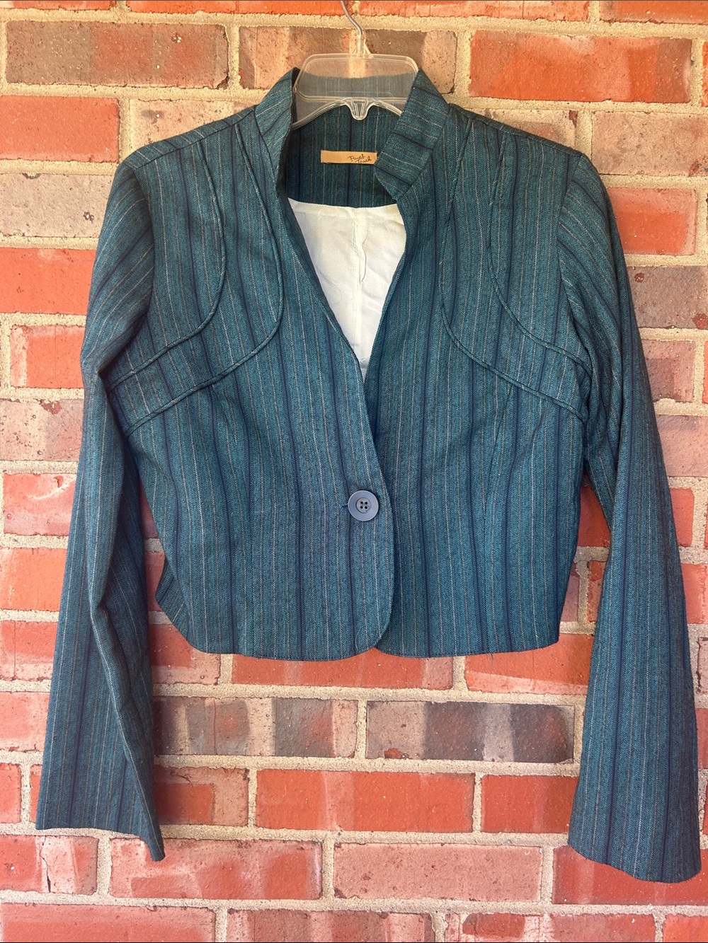 Final Touch Teal Striped Cropped Blazer
